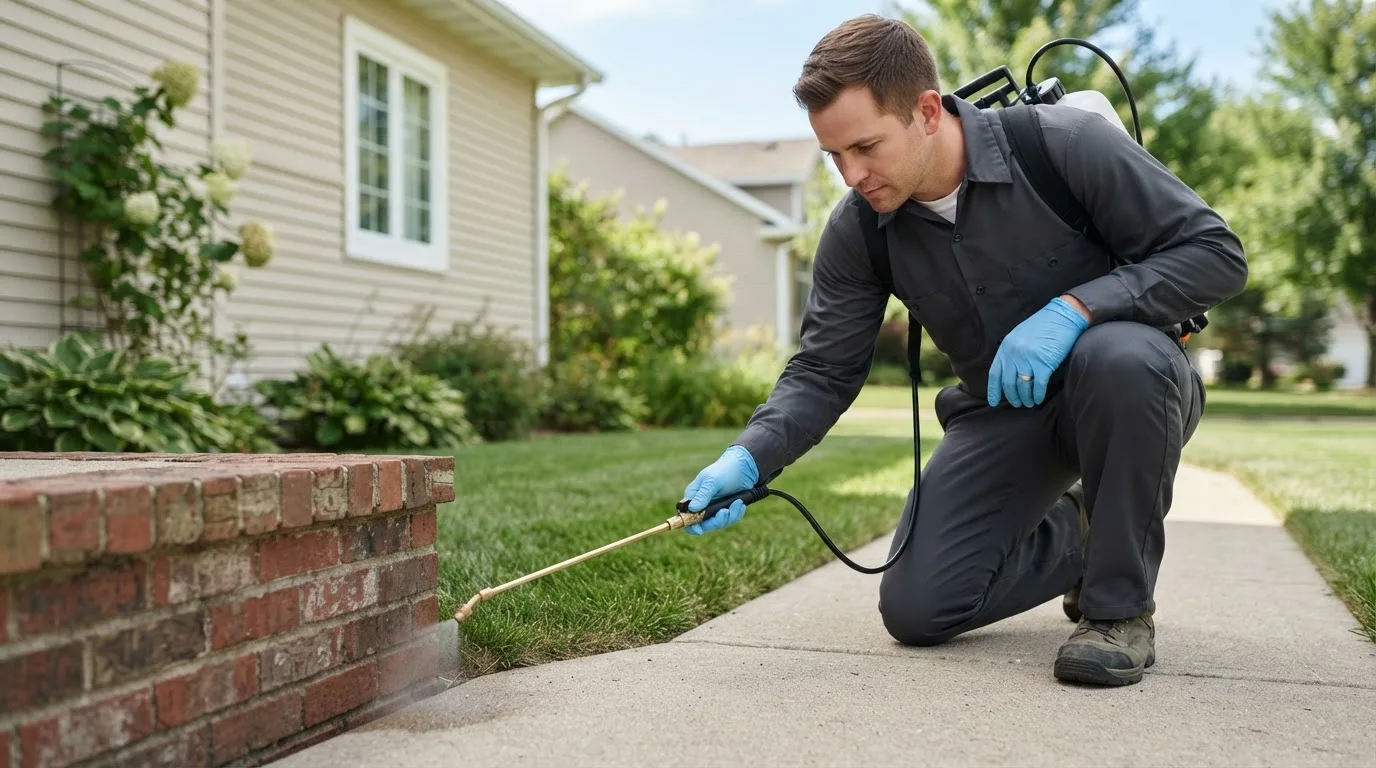 Pest control technician treating a home near Bee, VA